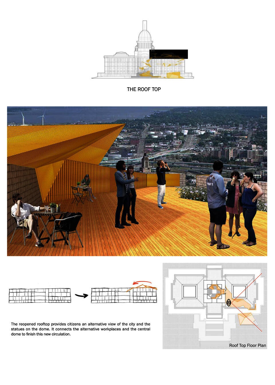The reopened rooftop provides citizens an alternative view of the city and the statue of the Independent Man on top of the dome.