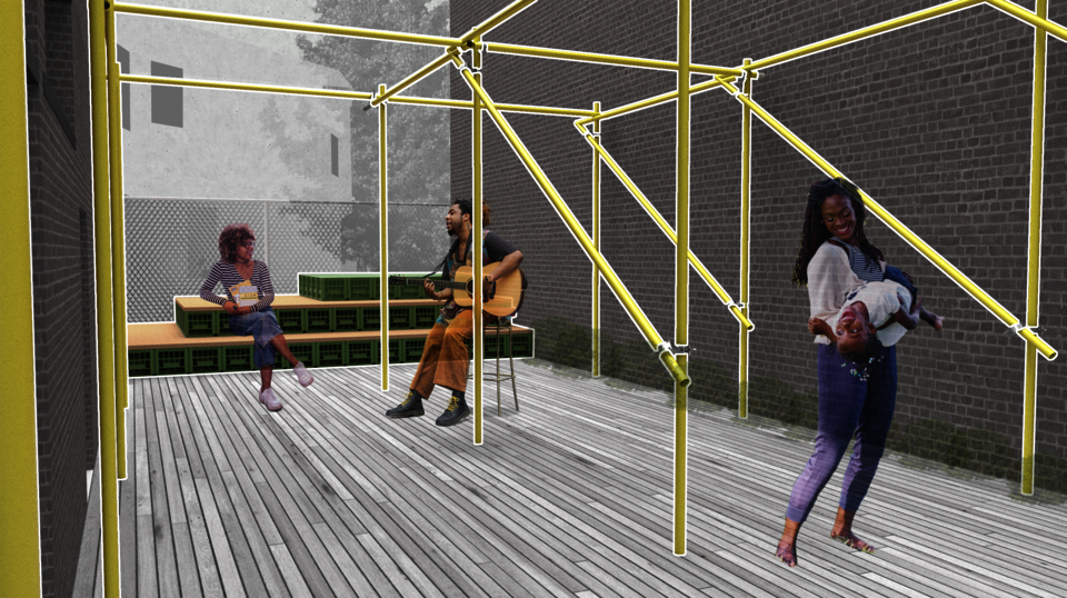 Collage image of the existing empty lot envisions the space for public use. 