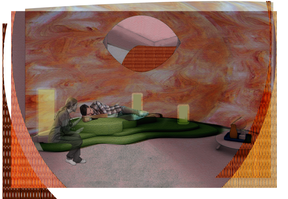A man lays on top of a soft terranced structure, he is lightly touched by a nurse. 