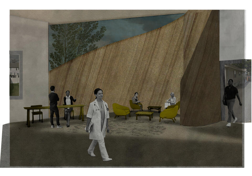Drawing of a waiting room space full of doctors, admin, and patients