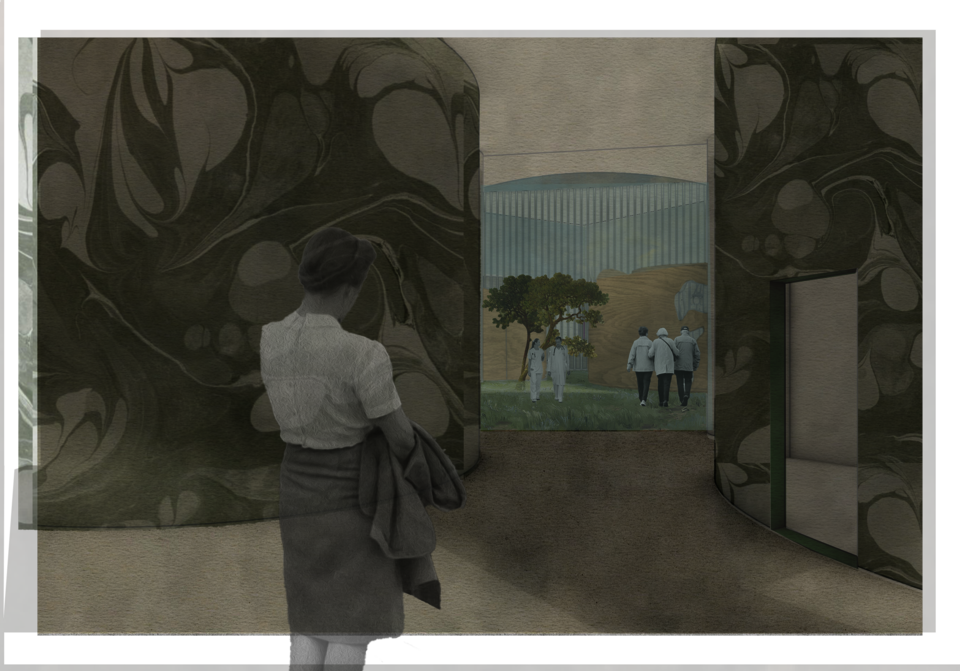 A woman looks down a hallways with curved marble walls onto a scene behind glass full of people , trees, and large wooden structures