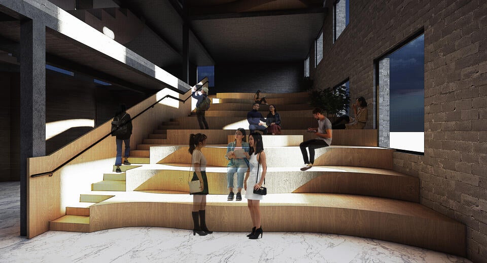 The stairs will be the place that people gather together and communicate with each other, the curve shape of the stair follows the logic of the window and facade of the site building. Additionally, the stairs will be closer to the entrance of the building which encouage people to use the stairs rather than elevators to go upstairs which people will have more chance to meet with other people.