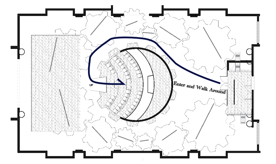 A floor plan explaing how people enter the show; they walk around the the setting area in the center, with the audience looking at one stage.