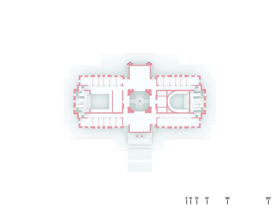 A floor plan of the third floor that highlights the existing gallery viewing spaces, activist atriums, and office spaces. 