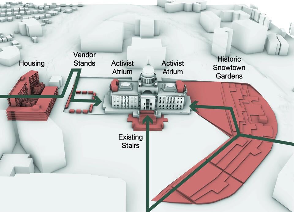 An exterior perspective image showing the different elements of the group project that include: proposed housing, proposed outdoor vendor stalls, my two proposed activist atrium spaces, the existing entry stairs and the proposed historic snowtown gardens. 