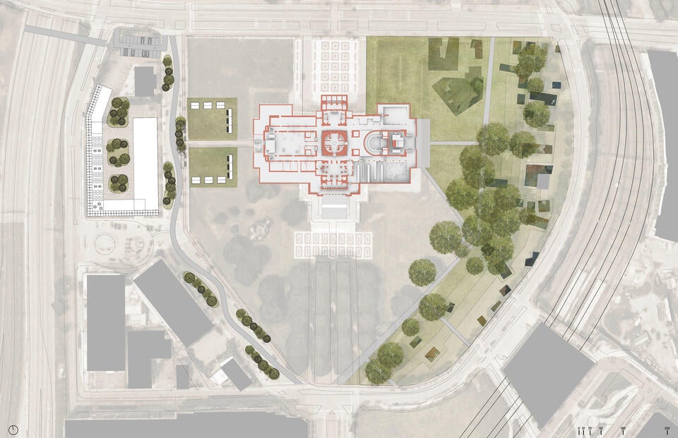 A site plan that reveals the immediate Rhode Island Statehouse campus and the Sub level or ground level floor plan.