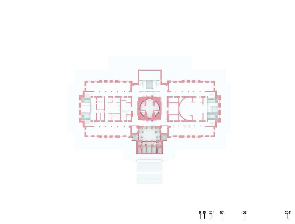A floor plan of the lower level that highlights the activist atrium spaces and office pods.