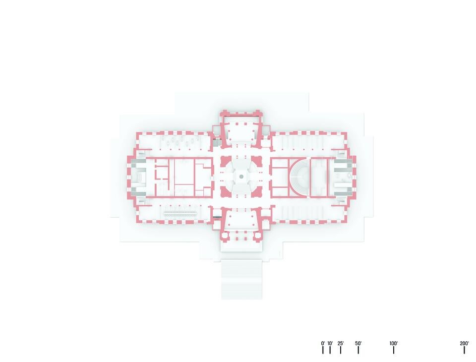 A floor plan of the first floor that highlights the activist atriums, activist education spaces, and office pods that act as legislative meeting areas. 