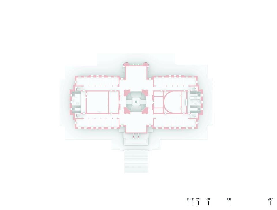 A floor plan of the second floor that highlights the existing house and senate chambers, activist atriums, and office pods that act as hearing rooms. 
