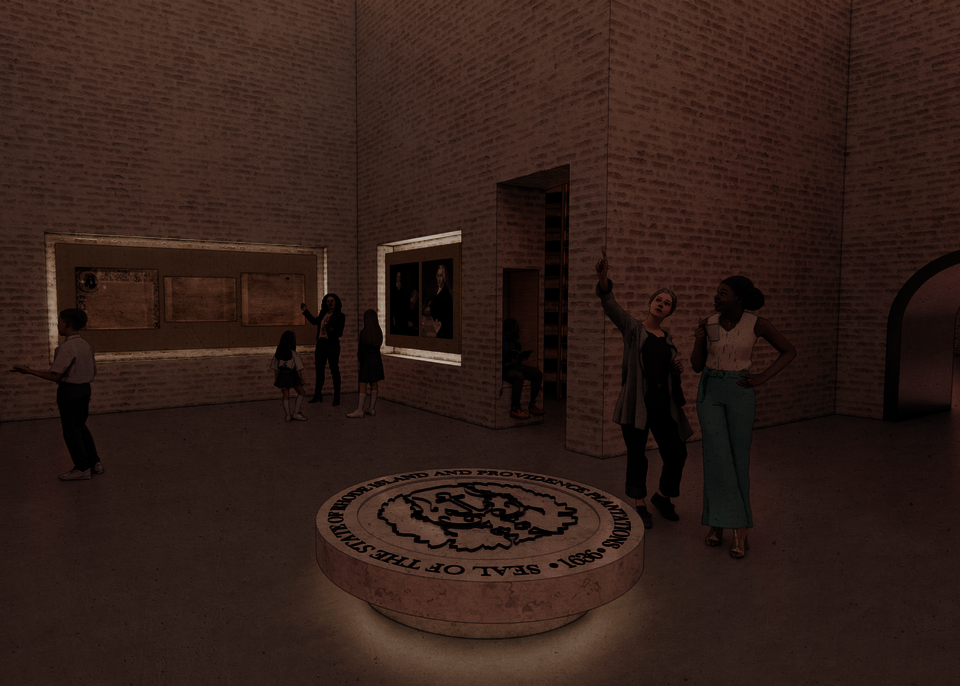 A perspective which shows the exhibition space for the former Rhode Island State Seal, information as to why the seal was changed, as well as the state Charter.