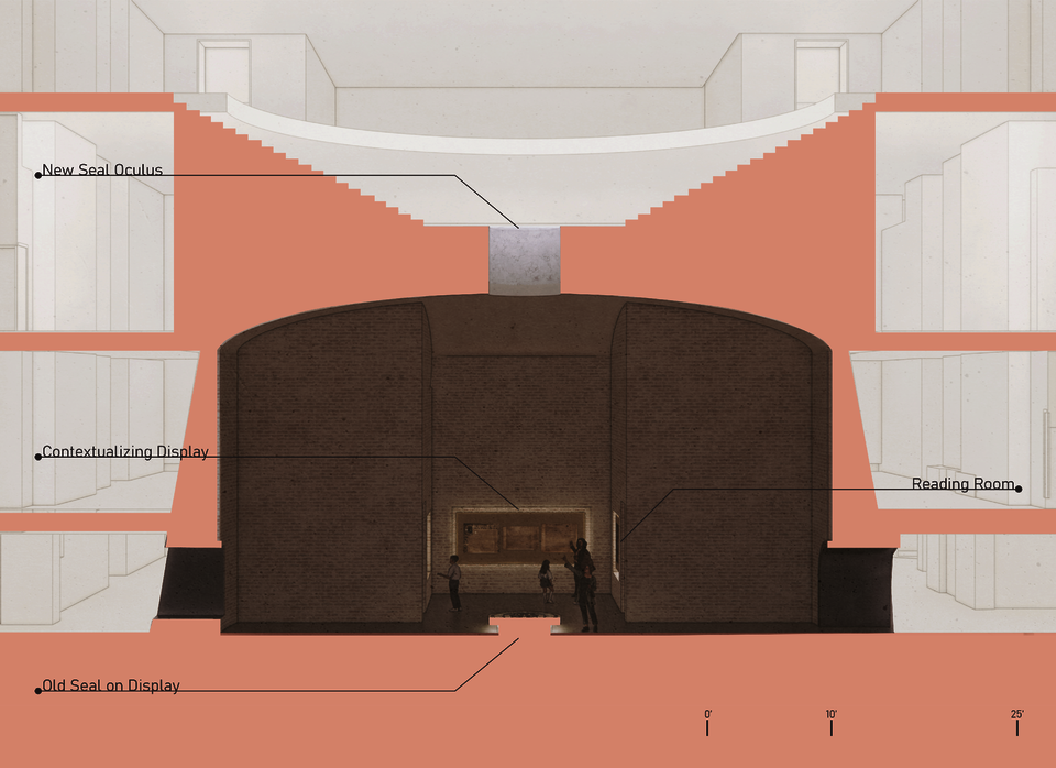 The image is a section through the central pyramid structure in which the seal exhibition space exists.