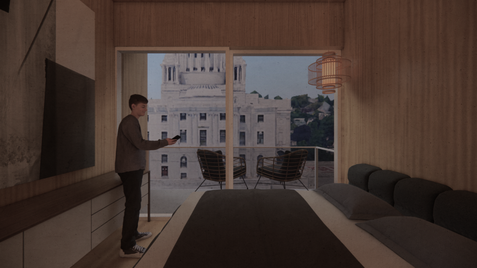 This last view shows the interior of a one bedroom unit that faces the State House. 
