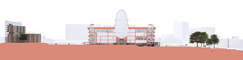 The section perspective highlights the relationship between the proposed housing complex, the west lawn community space, the existing state house along with the interventions and the proposed snowtown gardens. 