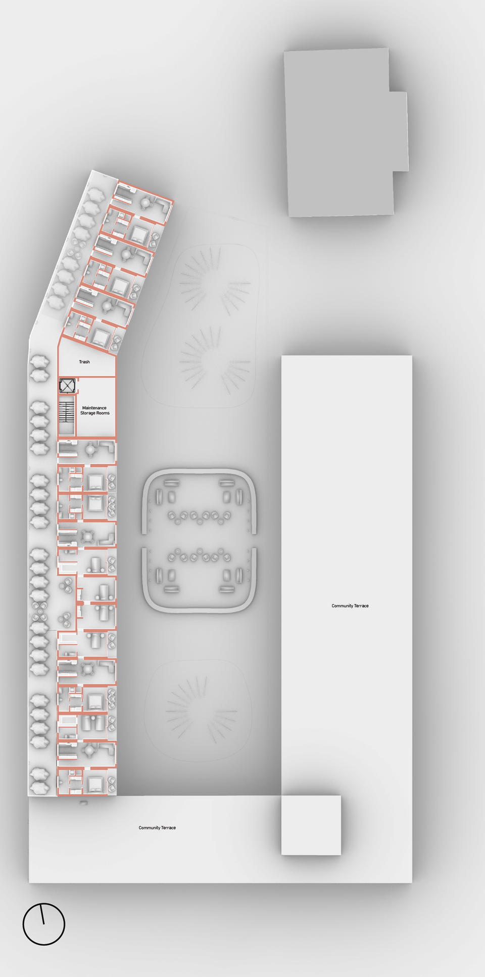 This floor plan demonstrates the fifth floor plan of the housing complex. This showcases the grand terrace in an “L shape” that faces towards the State House.