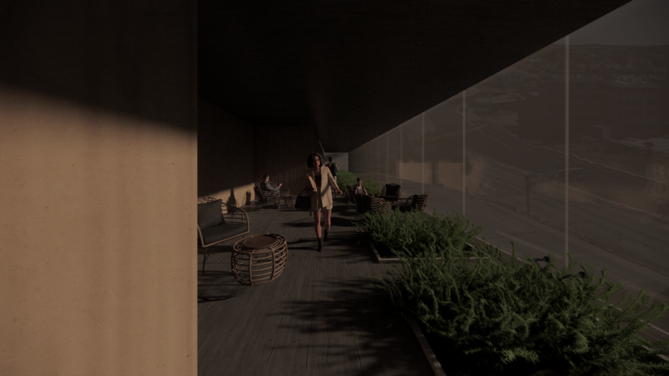 This view highlights the unique feature that occurs in the resident's hallways. The concept of community engagement is embedded in every feature of the design.