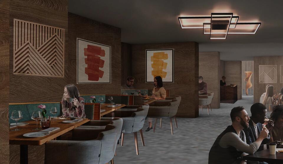 Render image of the cafe where we see how the restaurant makes its way through the existing structure of the building.