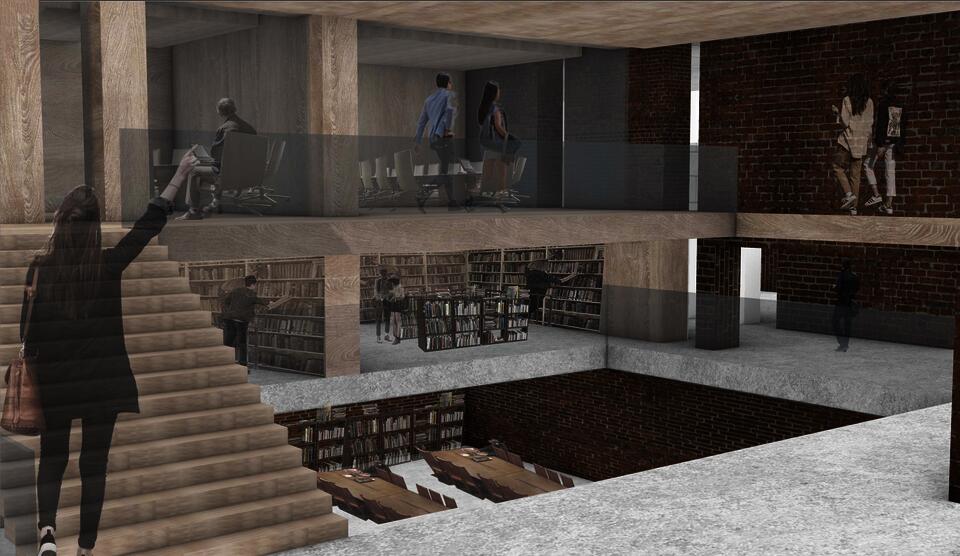 View of the triple-height, open space of the archive/study area.