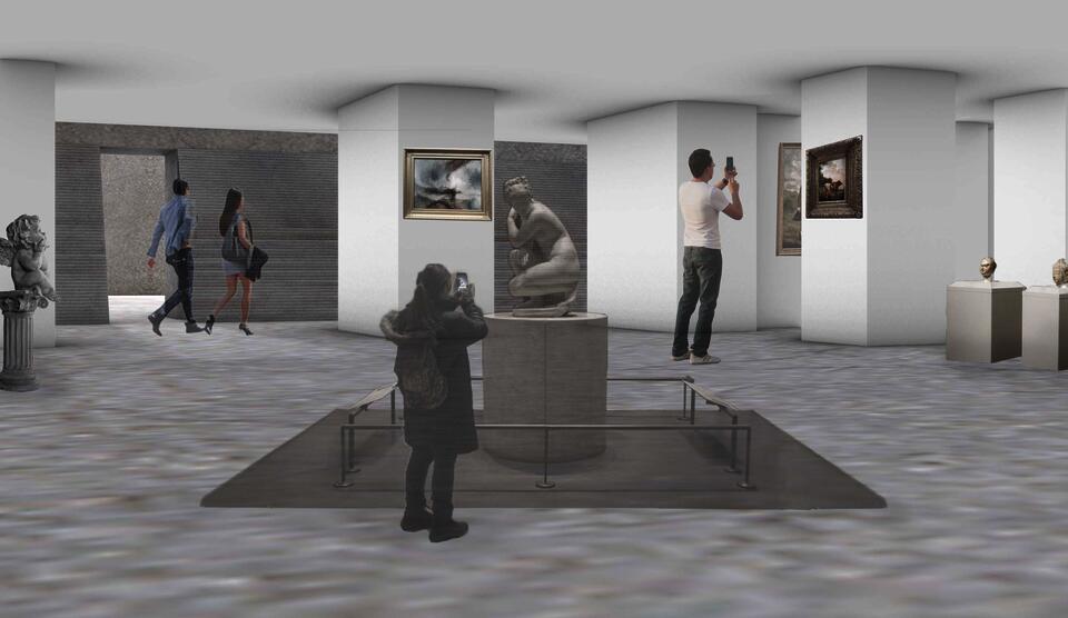 Render image of the gallery area, distributed among the existing structural elements of the building.