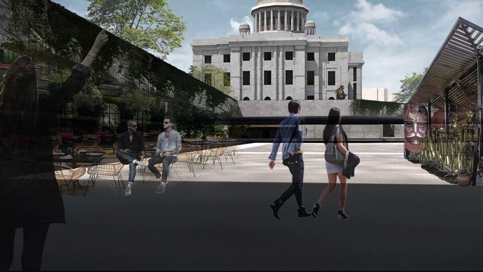Render view of the open plaza located on the west axis of the building, connecting with The Vets Theater located across the street.