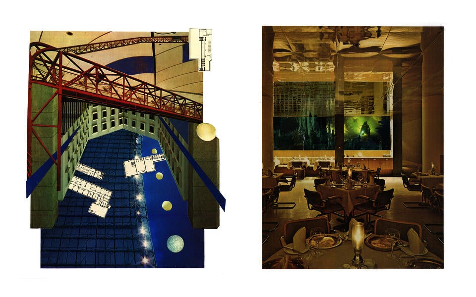 Two portrait-oriented collages depict an abstracted port structure and a diver peering into a gilded hotel dining room