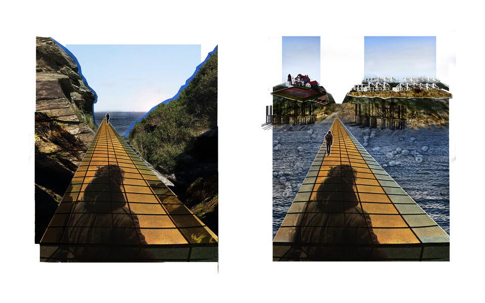 Two portrait oriented collages face toward the sea and back toward shore to reveal different visual and scalar perceptions of imposition on land and sea
