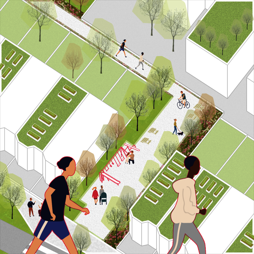 A lively streetside open space with vegetation, playground equipments, and dining tables, connecting with a green way inside the block.