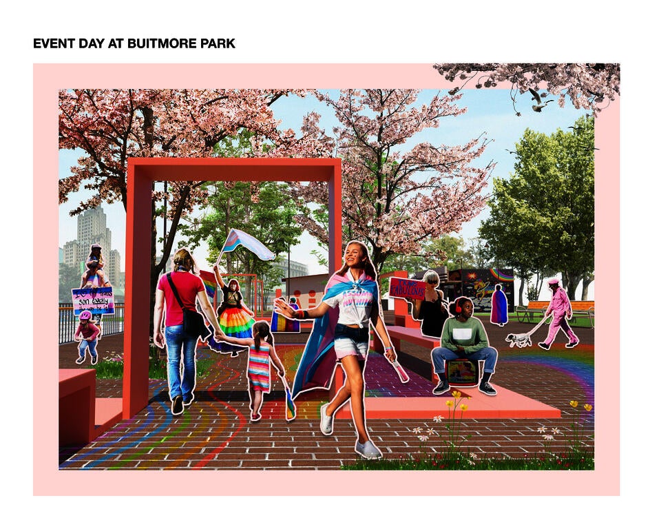 This colorful render showcases what it would look like on Trans Awareness Day on site. The flexible open space with seating structure allows people to gather freely and celebrate. 