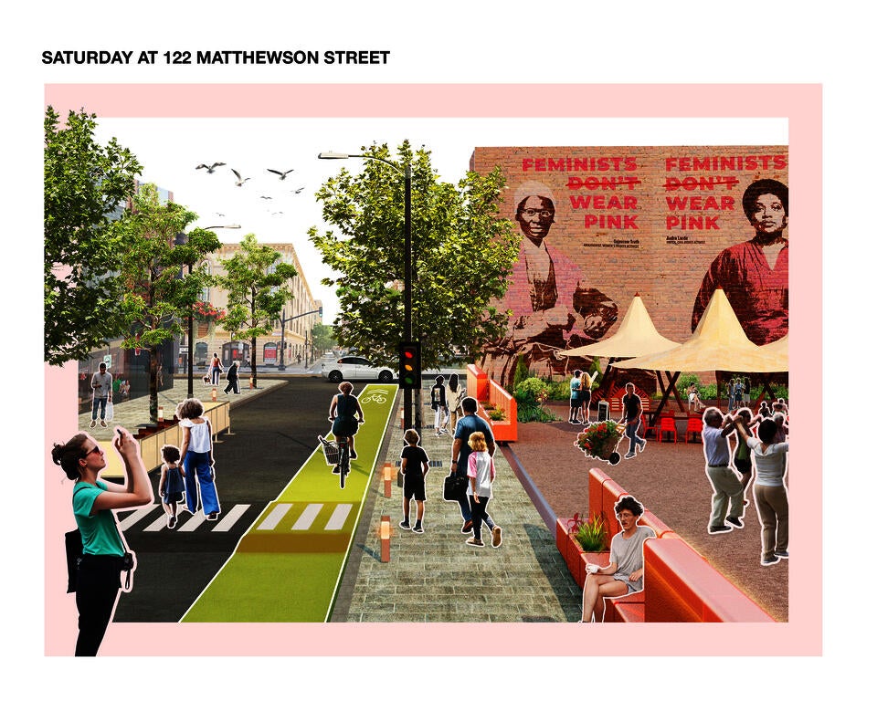 A convertible street that focuses on pedestrian safety and provides flexible open space for various  (Farmer's Market or art exhibitions)