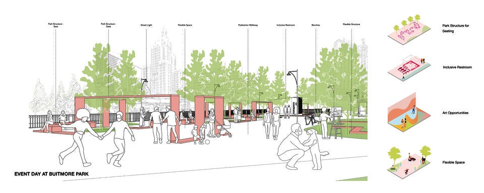 Inclusive, Active, and Innovative Park Space in Downtown with Creative Seating Structure 