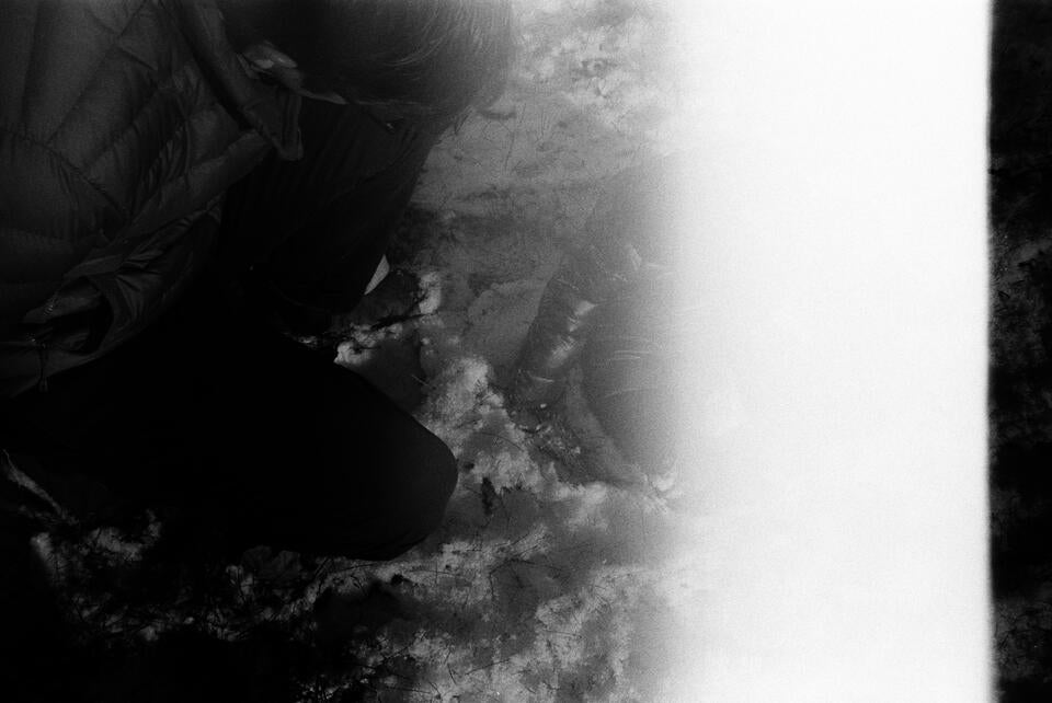 an adult man (my partner) and a baby (my son) in the snow, a light leak enveloping much of the photo, moving from right to left