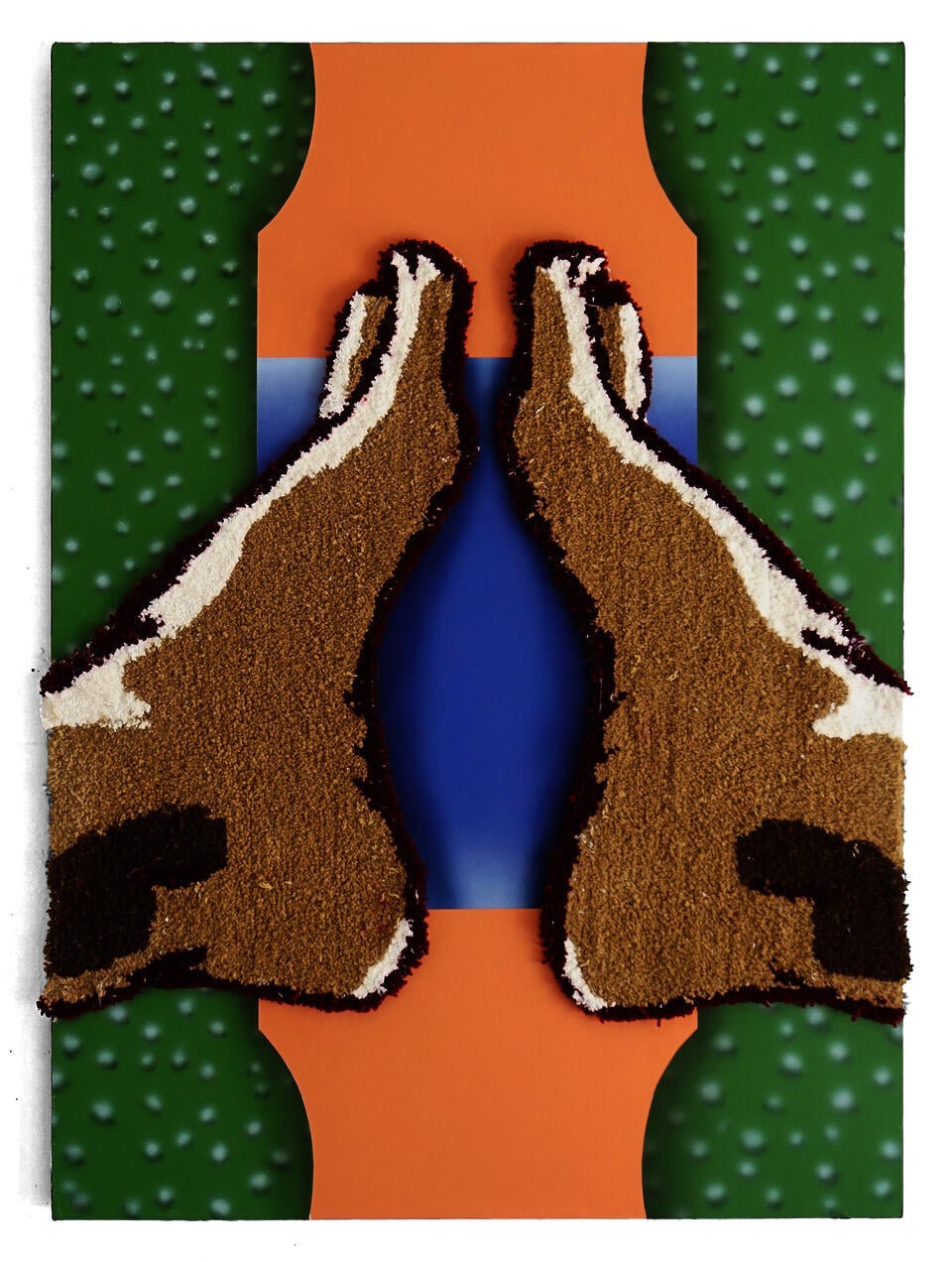 Geometric acrylic painting with two mirrored feet made from tufted rugs over top.