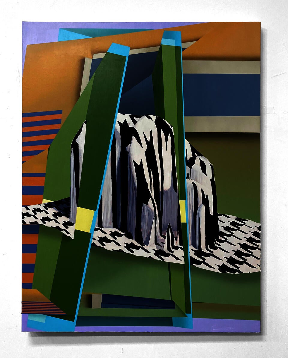 Oil and acrylic painting of folded forms. Central a hand is draped in a black and white houndstooth patterned cloth.