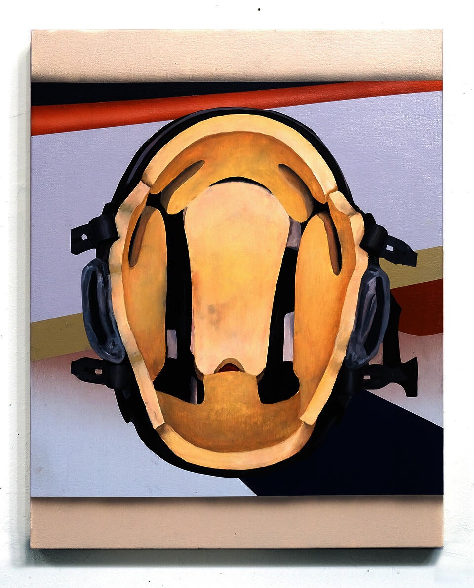 A painting of the inside of a hockey helmet floating over a simplified geometric portion of a hockey rink