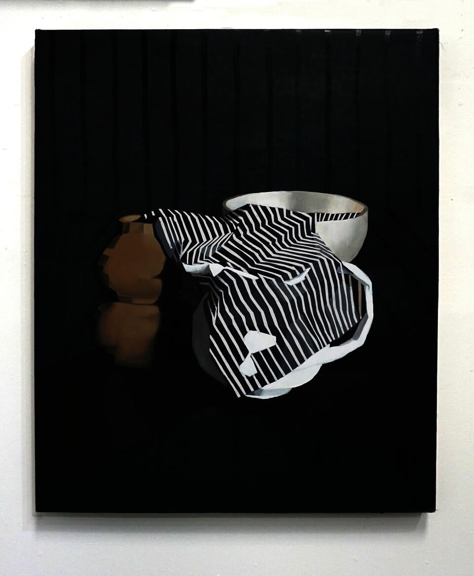 Oil painting of three vessels arranged on a counter. Across them is a pinstriped cloth reduced to a series of planes 