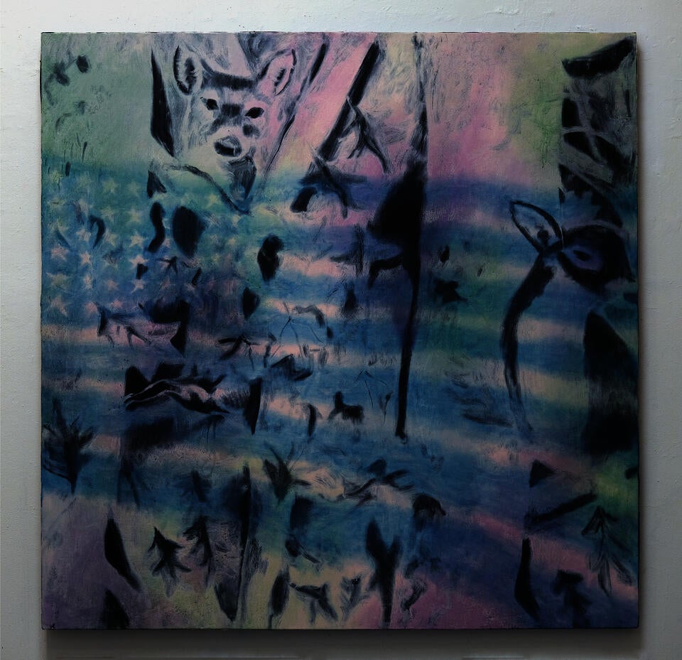 Painting of a pink and white camouflage pattern with tree, foliage, and deer with a blue American flag collaged on top
