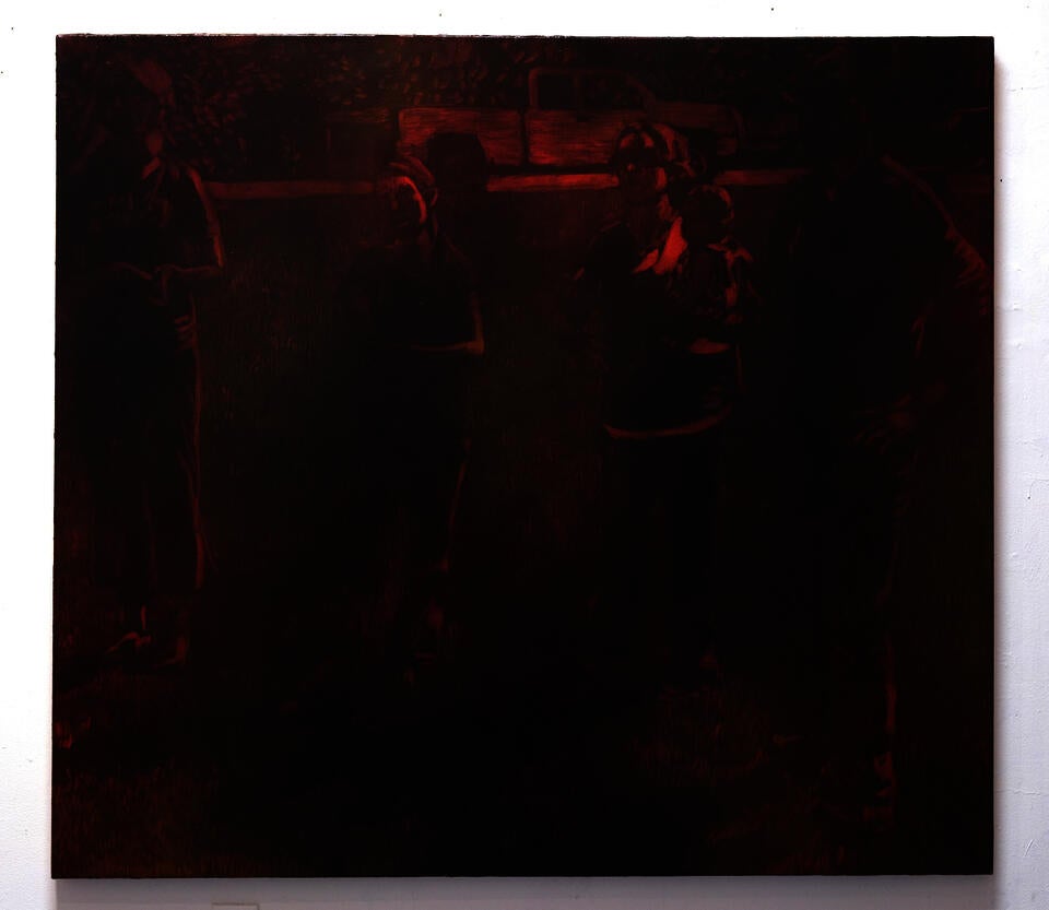 Painting of family standing in an open field with a neighborhood in the background, seen through a red fog