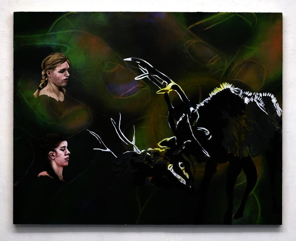 Painting with a large hand holding a ring in the background, with two fighting elk and two teenage girls collaged on top. 