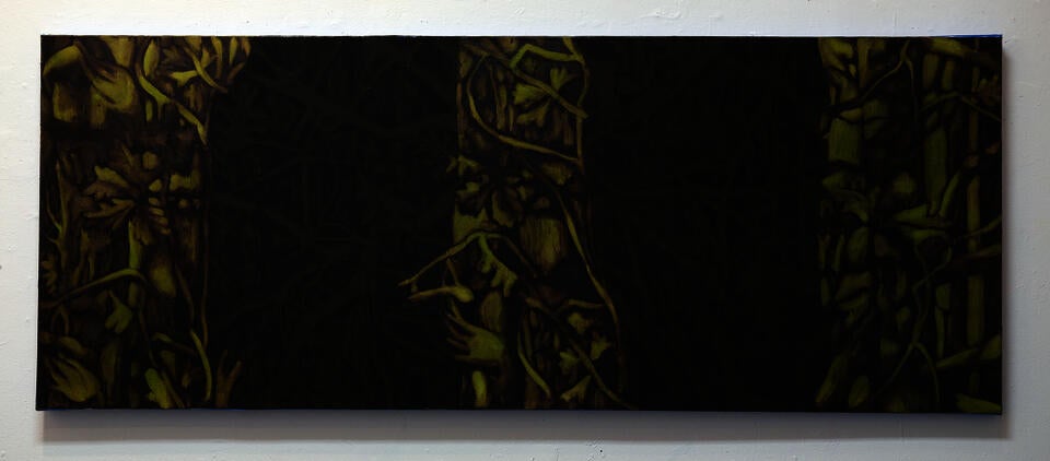 Close up painting of foliage and bark 