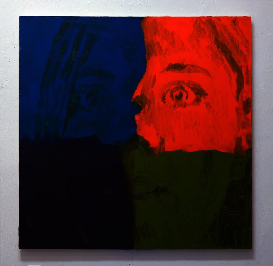 Painting of a girls face made of 4 squares of color, blue orange purple and green