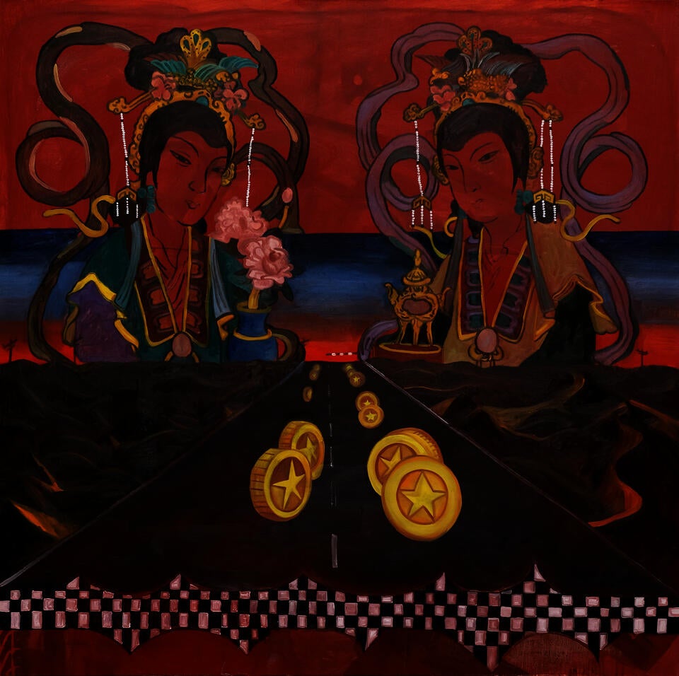 Two goddesses protects the red world up in the sky. A long straight road full of gold coins continues till the horizon line.