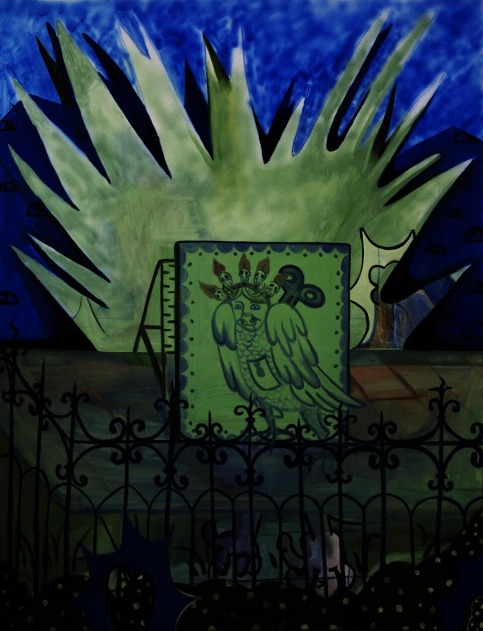 A green explosion happens behind an advertisement sign of a bird with a human face.