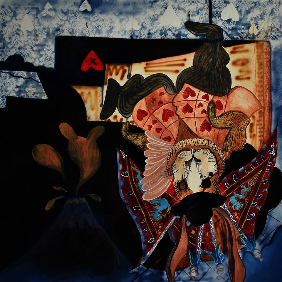 The rabbit from Alice in Wonderland is hanging upside down singing Peking Opera.