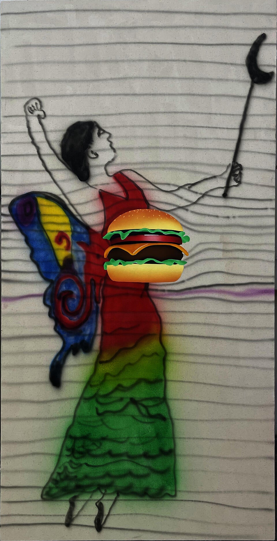 A fairy god mother granting a wish that is a giant hamburger