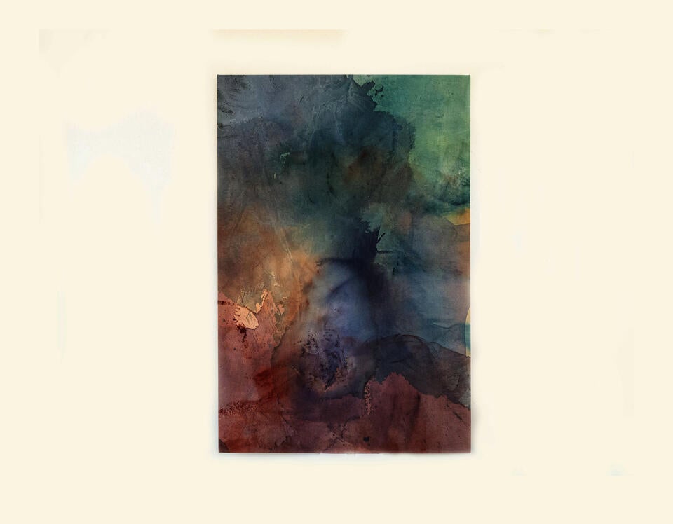 A psychedelic, galactic, disco purple, pinks, blues and greens abstract painting. 