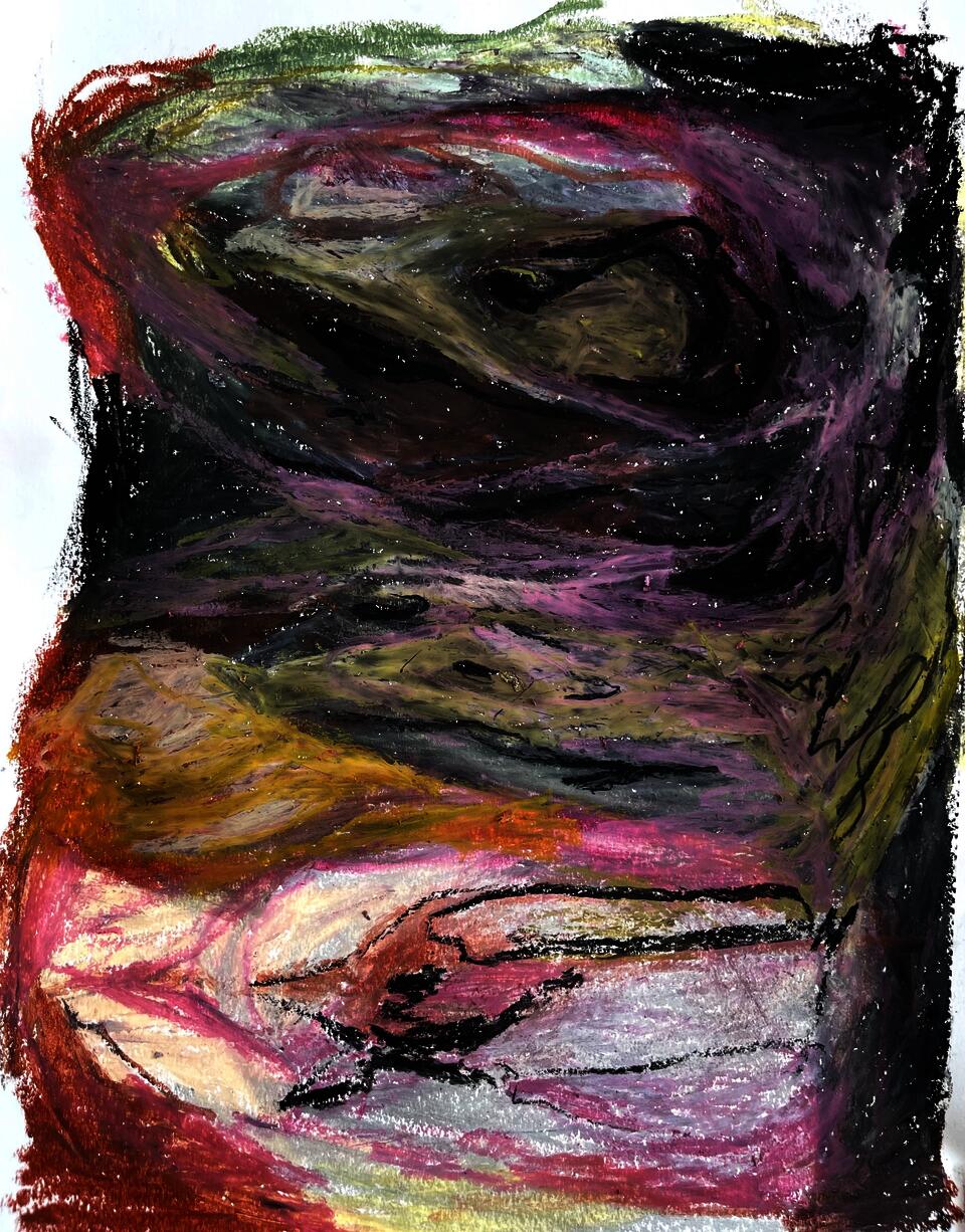 An oil stick drawing depicting the process of decomposition of a fish head