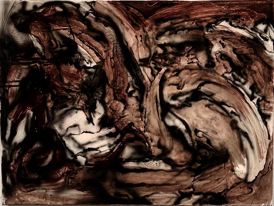 An abstract painting with marks resembling blood vessels