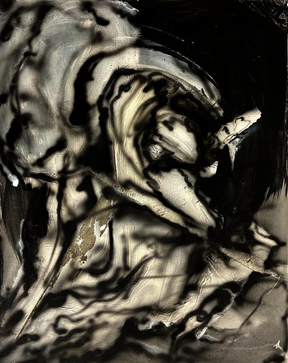 An abstract, monochromatic painting with bold black airbrush marks resembling a diving penguin