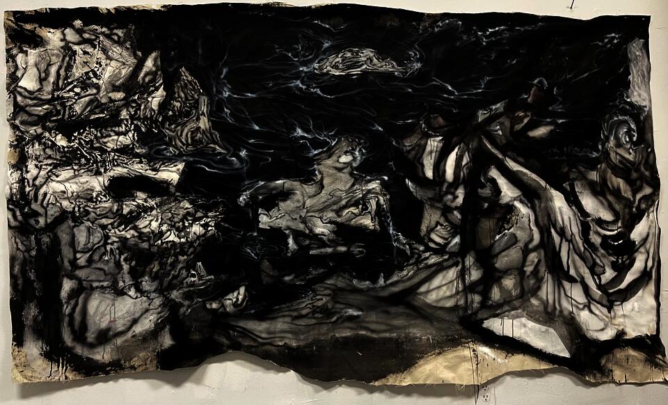An abstract, monochromatic landscape painting depicting a series of geological hazards: volcanic eruption, tsunami, earthquake with the liquefaction of soils