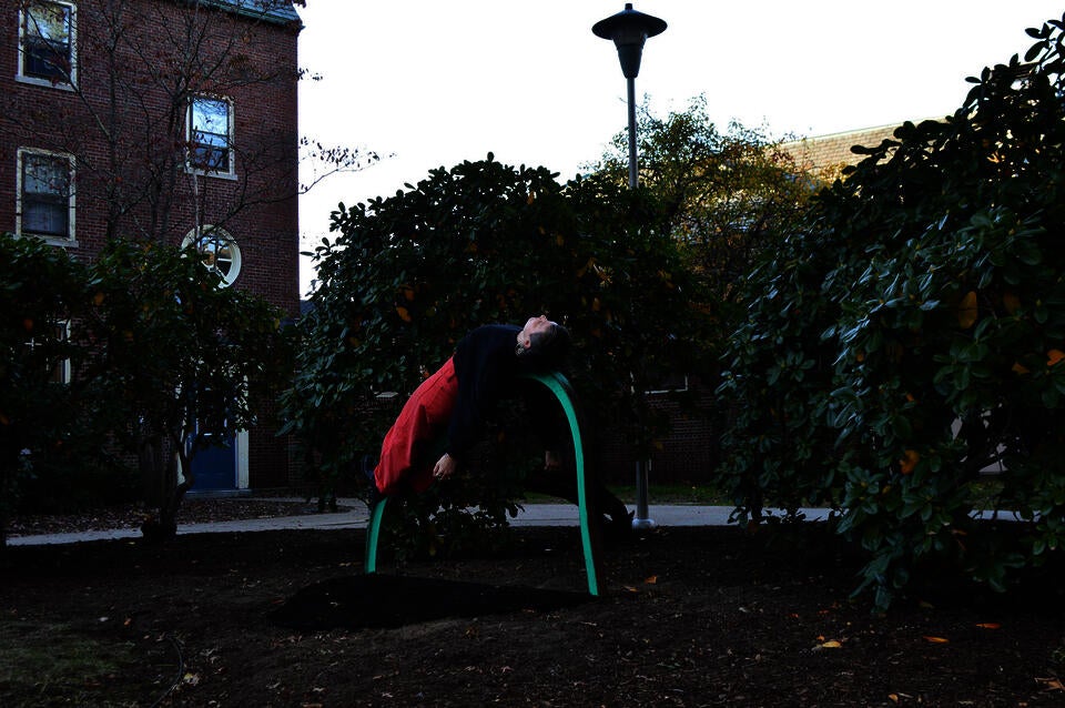 The artist lies across a zinc-chromate green steel armature, nestled among trees.