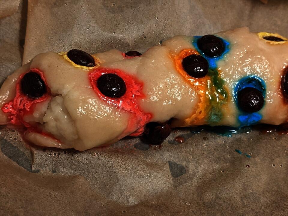 Colorful melted candies on top of steamed flour dough
